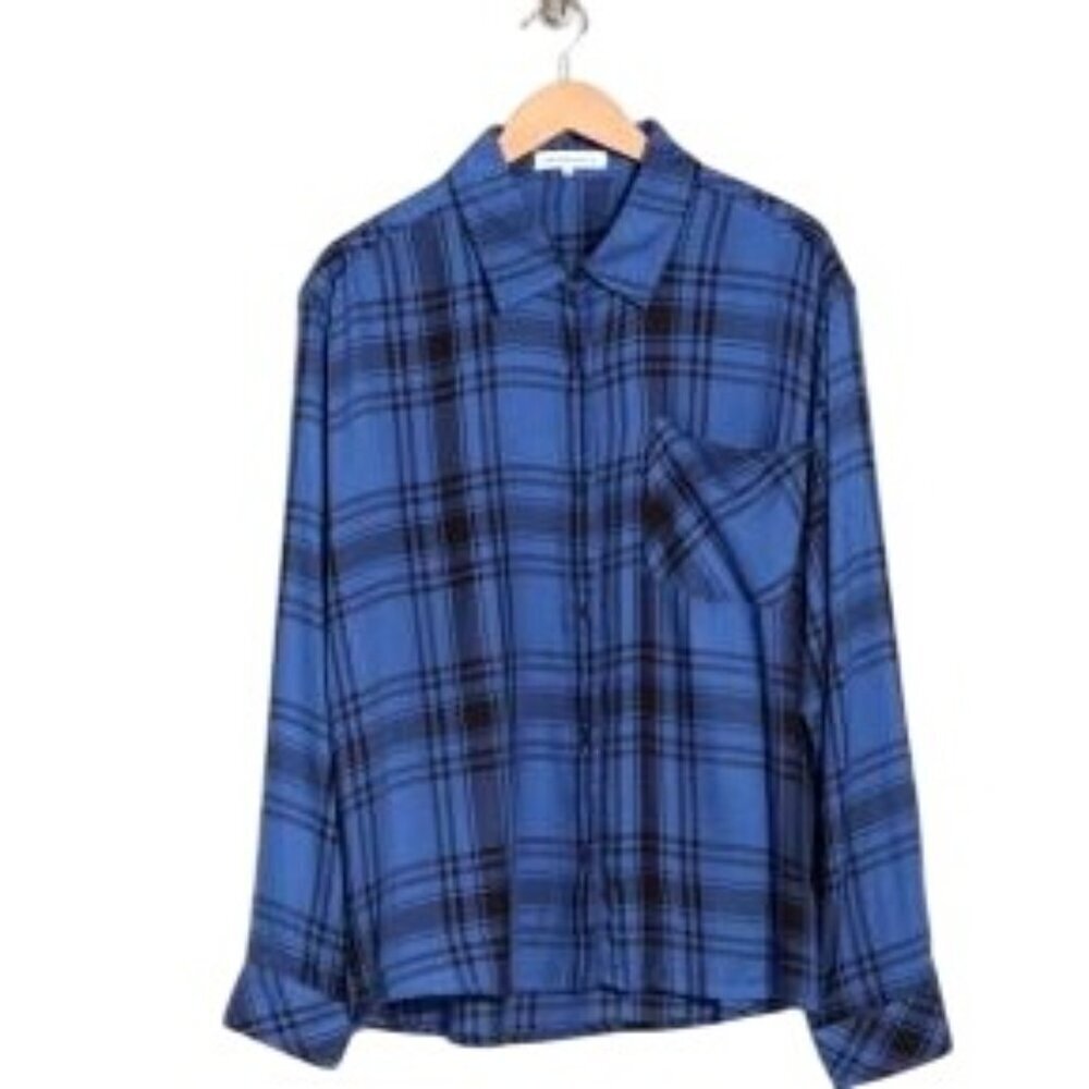Plaid Blue Boyfriend Shirt Flannel Oversized Fit Long Sleeve Button-Down Pockets - Picture 4 of 4